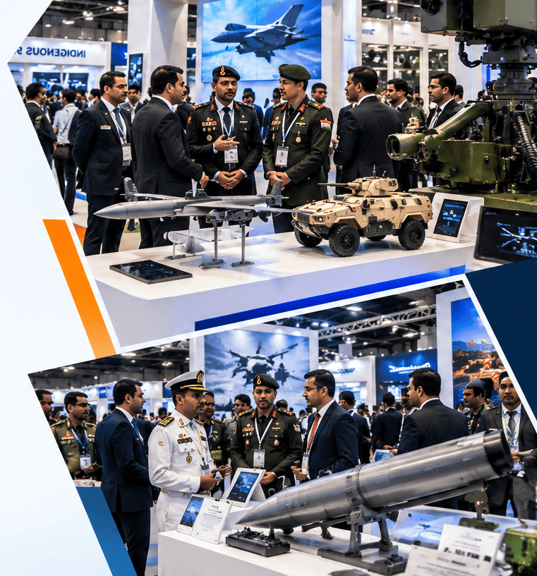 Defence exhibition stalls showcasing military equipment and technologies